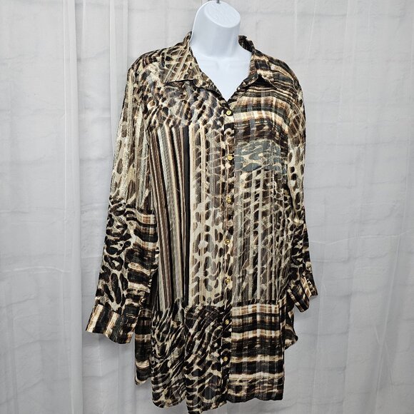 Chico's Brown Button Down Leopard Tunic Metallic Sheer Mobwife 2 (L) - Picture 5 of 12